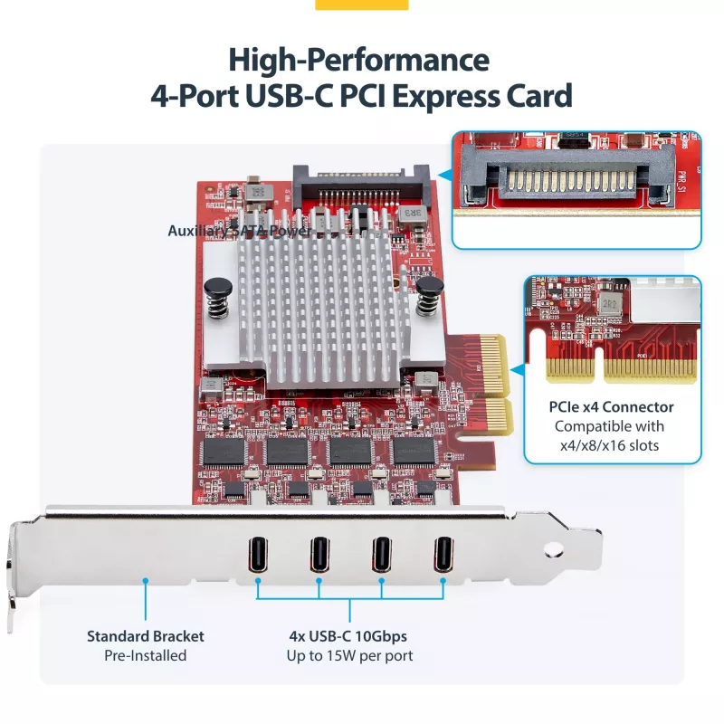 StarTech.com 4-poorts USB Type-C PCIe-kaart, USB 3.2 10Gbps, USB-C PCI Express-uitbreidingskaart, 4x onafhankelijke USB-controllers, Windows/Linux/macOS, TAA-conform