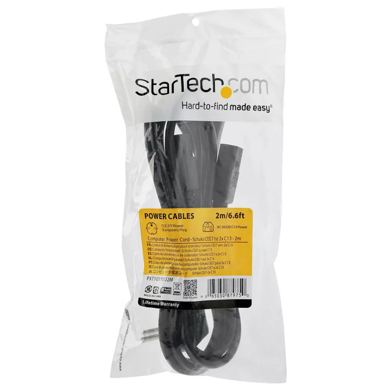 StarTech.com 2m (6ft) computer-netkabel Y-kabel, 18AWG, EU Schuko naar 2x C13, 10A 250V, zwarte vervangende AC-netkabel, printer-netkabel, pc-voedingskabel, monitor-netkabel – UL-gecertificeerd