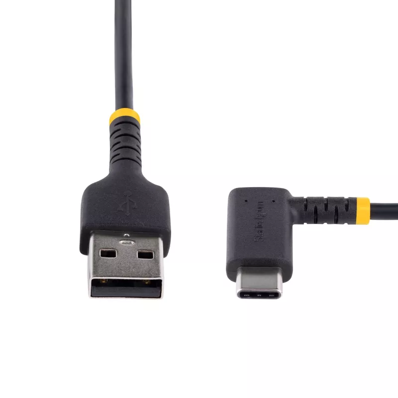 StarTech.com 1ft (30cm) USB-A-naar-C-oplaadkabel, haaks – robuuste snellaad-USB-C-kabel – zwart USB 2.0 A naar Type-C – robuuste aramidevezel – 3A – USB-oplaadkabel