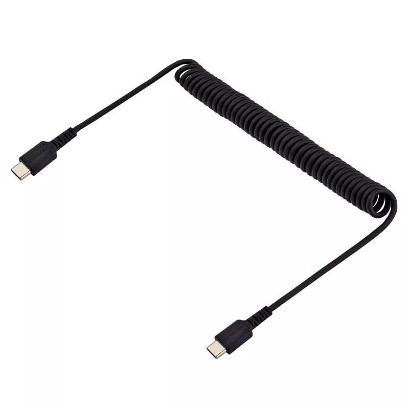 StarTech.com 1m USB-C-oplaadkabel, spiraalkabel, heavy duty, snel opladen & synchroniseren, USB-2.0-Type-C-kabel, robuuste aramidevezel, duurzame stekker-naar-stekker USB-kabel, zwart