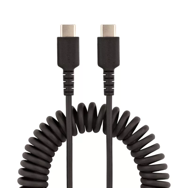 StarTech.com 1m USB-C-oplaadkabel, spiraalkabel, heavy duty, snel opladen & synchroniseren, USB-2.0-Type-C-kabel, robuuste aramidevezel, duurzame stekker-naar-stekker USB-kabel, zwart
