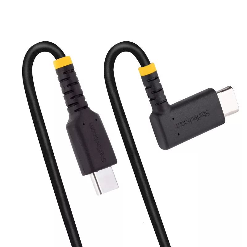 StarTech.com 15cm USB C oplaadkabel haaks - 60W PD 3A - robuuste snellaad-USB-C-kabel - zwart USB 2.0 Type-C - versterkt met aramidevezel - korte USB-oplaadkabel