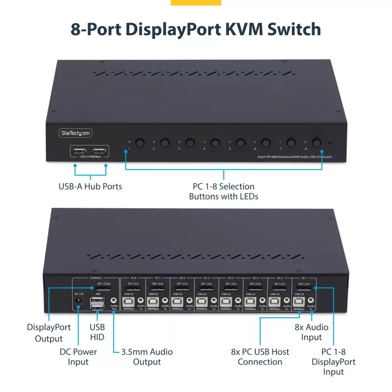 StarTech.com 8-poorts DisplayPort KVM-switch met 1U rackmontagekit, 4K 60Hz DP 1.2, knop- en hotkey-omschakeling, 4-poorts USB-hub, besturingssysteemonafhankelijk, TAA-conform