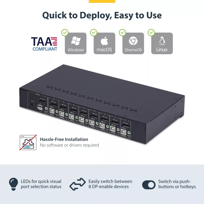 StarTech.com 8-poorts DisplayPort KVM-switch met 1U rackmontagekit, 4K 60Hz DP 1.2, knop- en hotkey-omschakeling, 4-poorts USB-hub, besturingssysteemonafhankelijk, TAA-conform