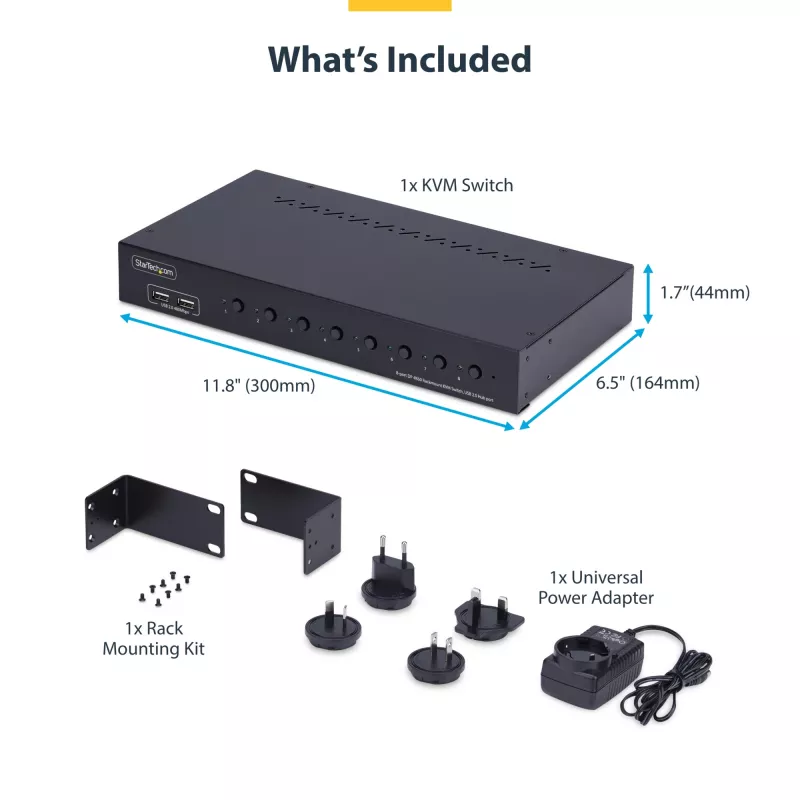 StarTech.com 8-poorts DisplayPort KVM-switch met 1U rackmontagekit, 4K 60Hz DP 1.2, knop- en hotkey-omschakeling, 4-poorts USB-hub, besturingssysteemonafhankelijk, TAA-conform