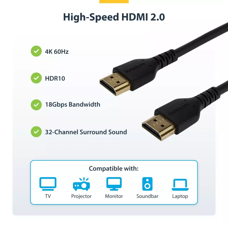 StarTech.com 6ft (2m) Slim HDMI 2.0-kabel, flexibele premium gecertificeerde HDMI-kabel met ethernet, UHD 4K 60Hz HDR10, duurzaam aramidevezelontwerp met TPE-mantel