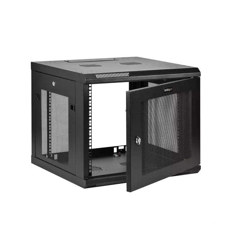 StarTech.com 4-post 9U wandmontage-netwerkkast met 1U legbord, 19 inch wandgemonteerd serverrack voor data-/AV-/elektronica-/computerapparatuur, kleine geventileerde rackbehuizing