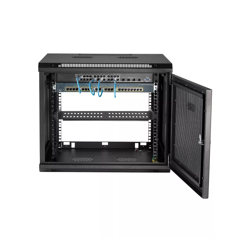 StarTech.com 4-post 9U wandmontage-netwerkkast met 1U legbord, 19 inch wandgemonteerd serverrack voor data-/AV-/elektronica-/computerapparatuur, kleine geventileerde rackbehuizing