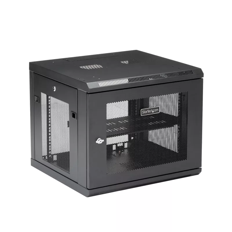 StarTech.com 4-post 9U wandmontage-netwerkkast met 1U legbord, 19 inch wandgemonteerd serverrack voor data-/AV-/elektronica-/computerapparatuur, kleine geventileerde rackbehuizing