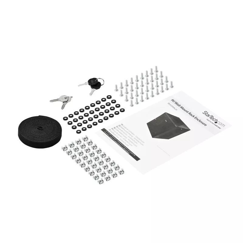 StarTech.com 4-post 9U wandmontage-netwerkkast met 1U legbord, 19 inch wandgemonteerd serverrack voor data-/AV-/elektronica-/computerapparatuur, kleine geventileerde rackbehuizing