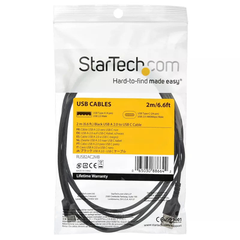 StarTech.com 2m USB-A naar USB-C-oplaadkabel – robuuste snellaad- en synchronisatiekabel USB 2.0 naar USB Type-C datakabel – slijtvaste TPE-mantel aramidevezel M/M 3A zwart – Samsung S10, iPad Pro, Pixel