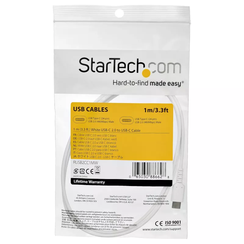 StarTech.com 1m USB-C-oplaadkabel – robuuste snellaad- en synckabel USB 2.0 Type-C naar USB-C-laptopoplaadkabel – TPE-mantel aramidevezel M/M 60W wit – Samsung S10 S20 iPad Pro MS Surface