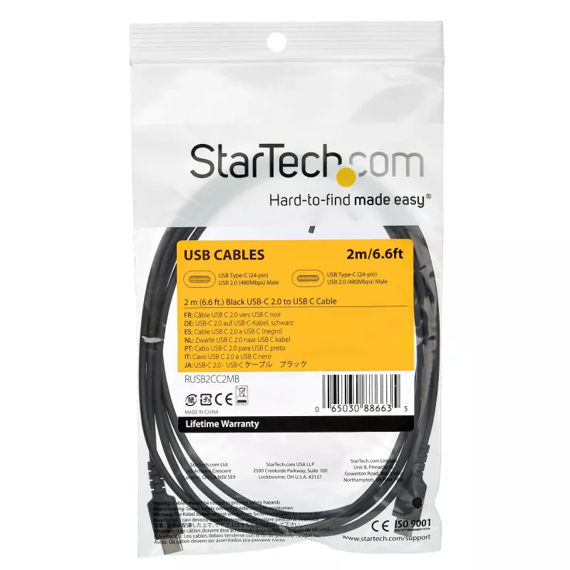 StarTech.com 2 m USB-C-oplaadkabel – robuuste snellaad- en synckabel USB 2.0 Type-C naar USB-C-laptopoplaadkabel – TPE-mantel aramidevezel M/M 60 W zwart – Samsung S10 S20 iPad Pro MS Surface