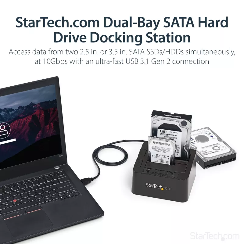 StarTech.com Dual-Bay USB 3.2 Gen 2 naar SATA harde schijf-dockingstation, USB 10Gbps harde schijf-dock, externe 2,5/3,5 inch SATA I/II/III SSD/HDD-dockingstation, hot-swap harde schijf-inzet, top-loading