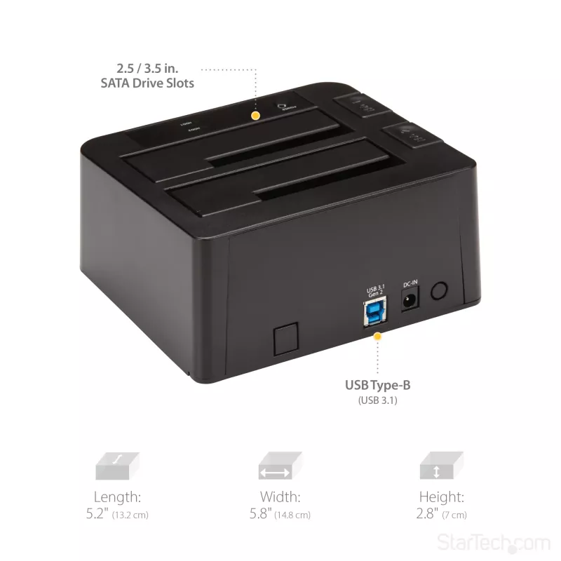 StarTech.com Dual-Bay USB 3.2 Gen 2 naar SATA harde schijf-dockingstation, USB 10Gbps harde schijf-dock, externe 2,5/3,5 inch SATA I/II/III SSD/HDD-dockingstation, hot-swap harde schijf-inzet, top-loading