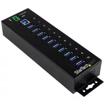 StarTech.com 10-poorts industriële USB 3.0 hub – ESD- en overspanningsbeveiliging~10-poorts USB 3.0 hub – 5 Gbit/s – industriële metalen USB-A hub met ESD- en overspanningsbeveiliging – DIN-rail-, wand- of tafelmontage – TAA-conforme USB-uitbreidingshub