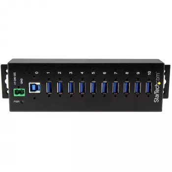StarTech.com 10-poorts industriële USB 3.0 hub – ESD- en overspanningsbeveiliging~10-poorts USB 3.0 hub – 5 Gbit/s – industriële metalen USB-A hub met ESD- en overspanningsbeveiliging – DIN-rail-, wand- of tafelmontage – TAA-conforme USB-uitbreidingshub