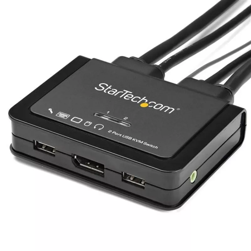 StarTech.com 2-poorts DisplayPort KVM-switch – 4K 60Hz – compacte dual-port UHD DP 1.2 USB desktop KVM-switch met 1,2 m kabels & audio – busgevoed & externe omschakeling – MacBook ThinkPad