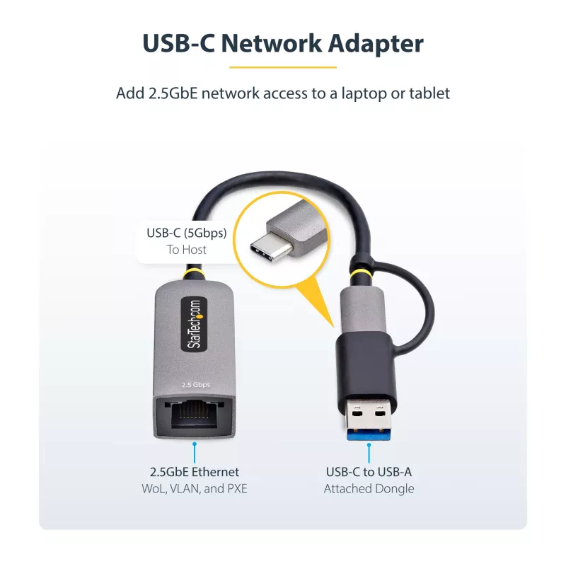 StarTech.com 2.5GbE USB-C naar Ethernet-adapter met USB-A-converter, NBASE-T NIC, USB 3.0 Type-C 2.5/1G multi-speed netwerk, Thunderbolt-compatibel, Windows & Mac