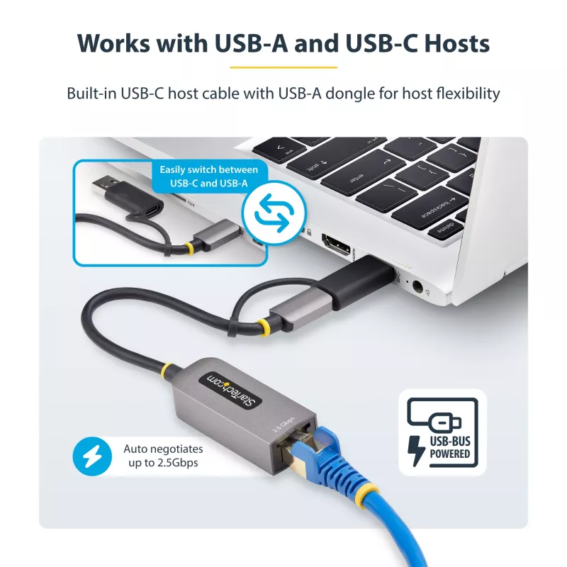 StarTech.com 2.5GbE USB-C naar Ethernet-adapter met USB-A-converter, NBASE-T NIC, USB 3.0 Type-C 2.5/1G multi-speed netwerk, Thunderbolt-compatibel, Windows & Mac