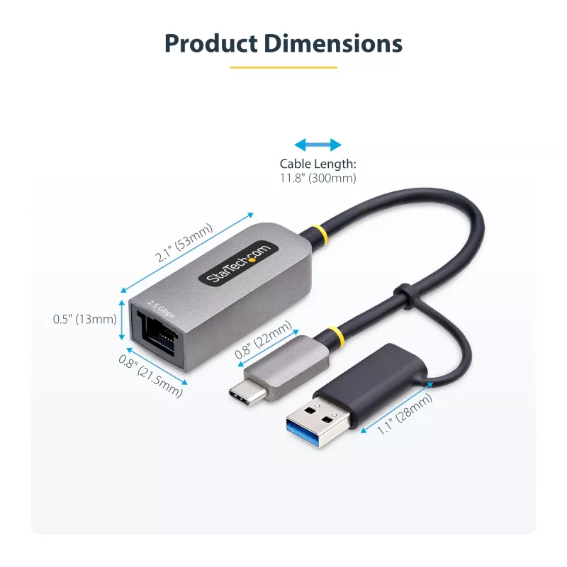 StarTech.com 2.5GbE USB-C naar Ethernet-adapter met USB-A-converter, NBASE-T NIC, USB 3.0 Type-C 2.5/1G multi-speed netwerk, Thunderbolt-compatibel, Windows & Mac