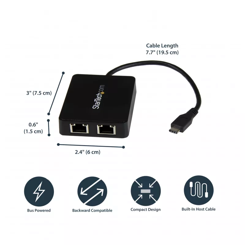 StarTech.com USB-C naar dual Gigabit Ethernet-adapter met USB (Type-A) aansluiting