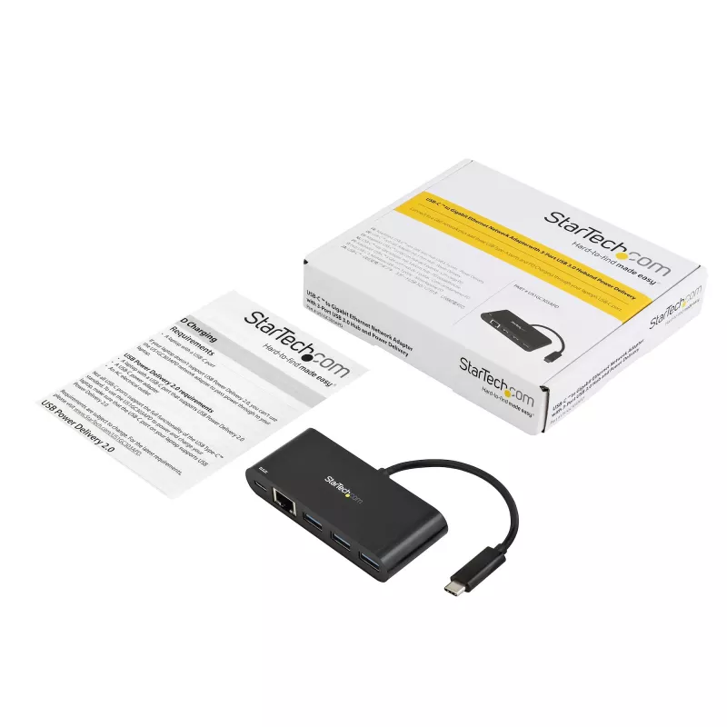 StarTech.com USB-C naar Ethernet-adapter met 3-poorts USB 3.0 hub en Power Delivery