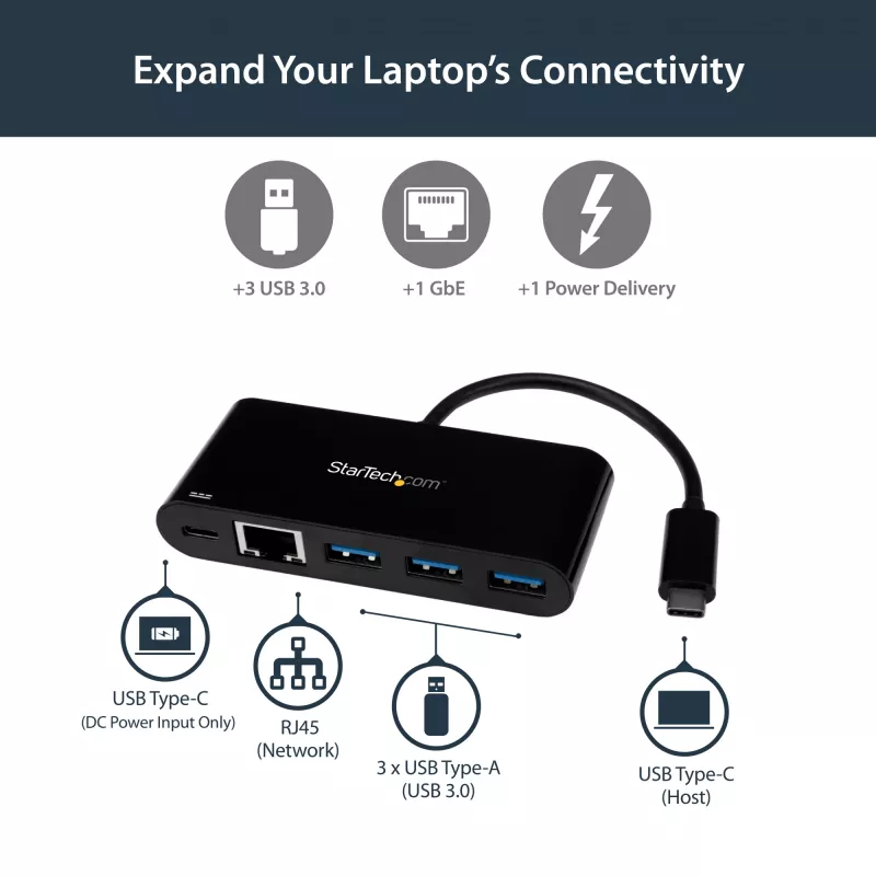 StarTech.com USB-C naar Ethernet-adapter met 3-poorts USB 3.0 hub en Power Delivery