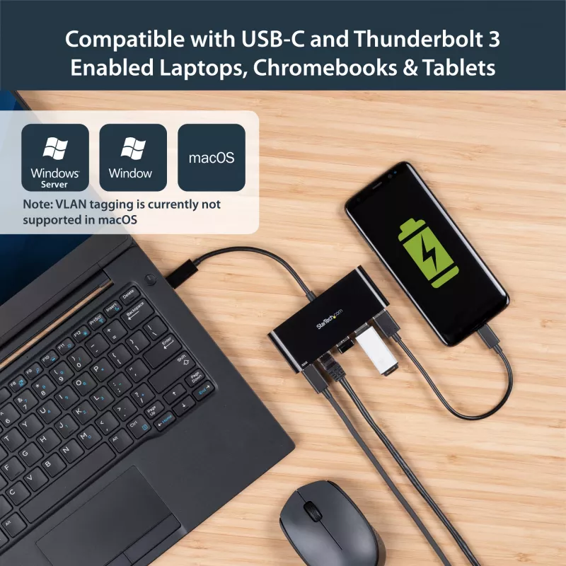 StarTech.com USB-C naar Ethernet-adapter met 3-poorts USB 3.0 hub en Power Delivery
