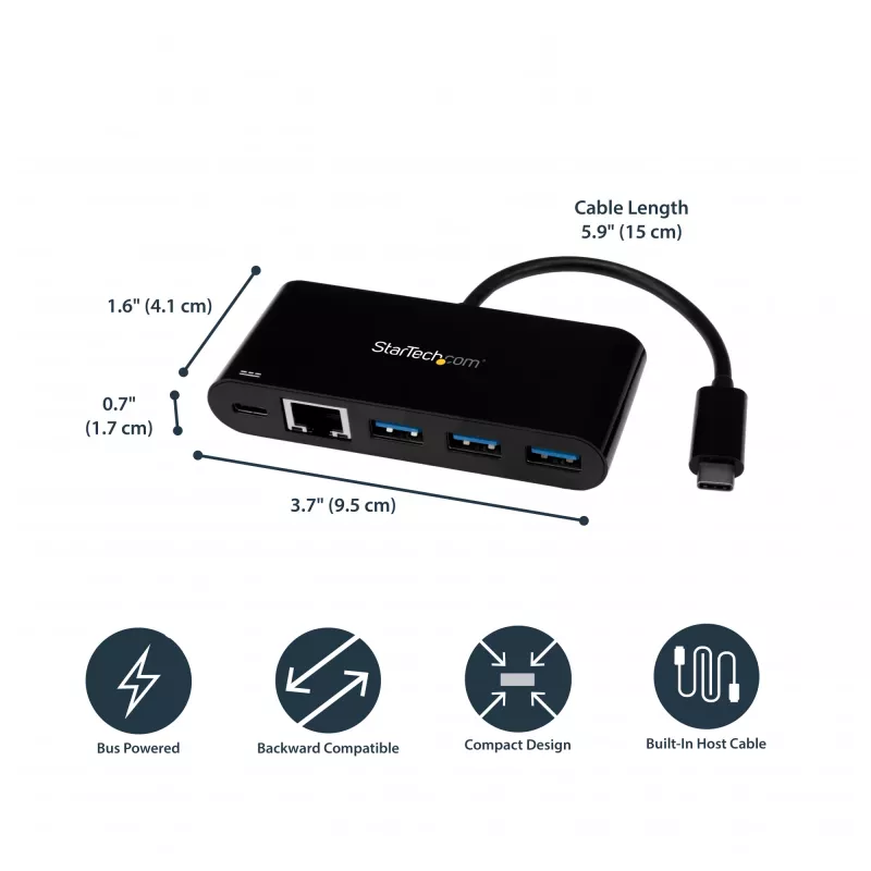 StarTech.com USB-C naar Ethernet-adapter met 3-poorts USB 3.0 hub en Power Delivery