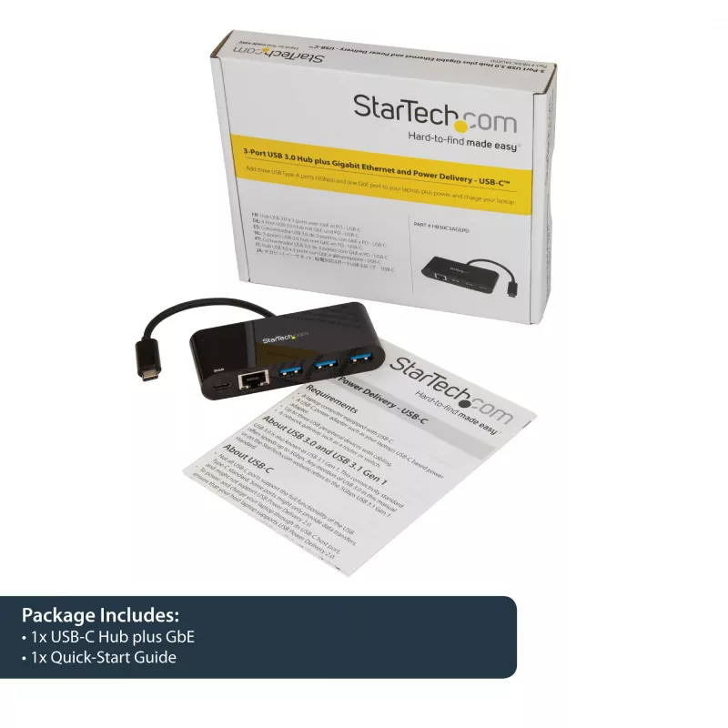 StarTech.com USB-C naar Ethernet-adapter met 3-poorts USB 3.0 hub en Power Delivery