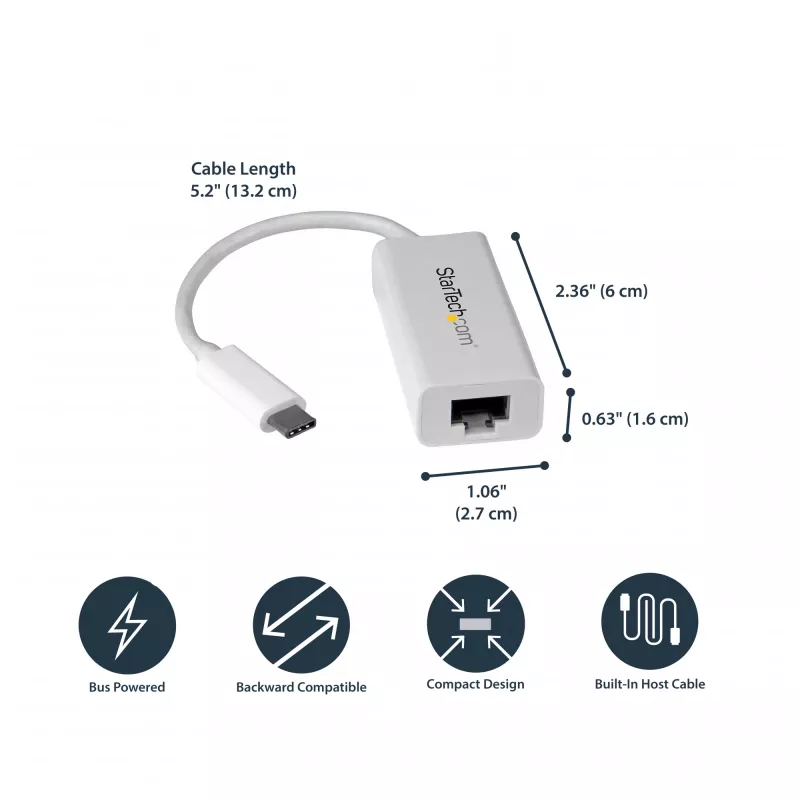 StarTech.com USB-C naar Gigabit netwerkadapter - wit, bedraad, USB Type-C, Ethernet, 5000 Mbit/s, wit