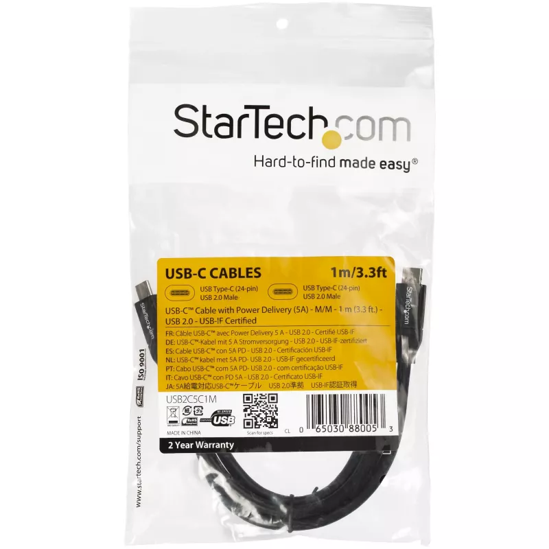 StarTech.com USB-C-naar-USB-C-kabel met 5A PD – M/M – 1 m – USB 2.0 – USB-IF-gecertificeerd