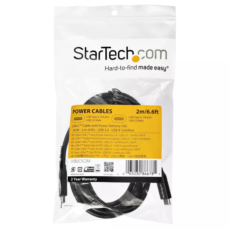 StarTech.com USB-C-naar-USB-C-kabel met 5A PD – M/M – 2 m – USB 2.0 – USB-IF-gecertificeerd