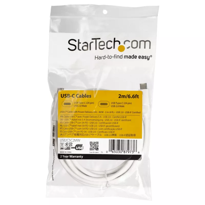 StarTech.com USB-C-naar-USB-C-kabel met 5 A PD – M/M – wit – 2 m – USB 2.0 – USB-IF-gecertificeerd