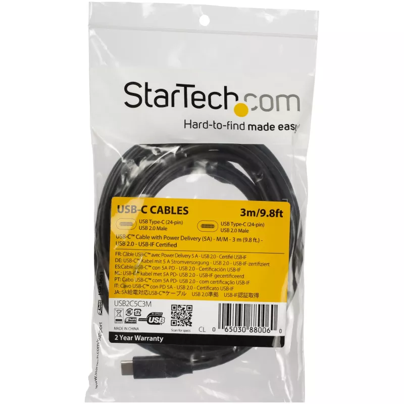 StarTech.com USB-C-naar-USB-C-kabel met 5 A PD – M/M – 3 m (10 ft.) – USB 2.0 – USB-IF-gecertificeerd