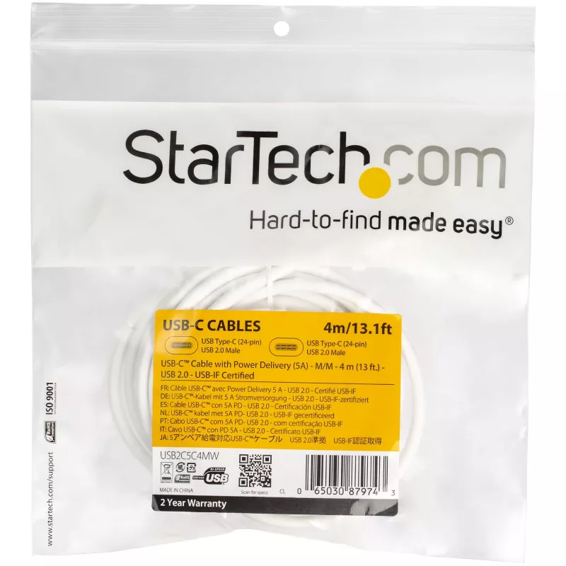 StarTech.com USB-C-naar-USB-C-kabel met 5A PD - M/M - wit - 4 m - USB 2.0 - USB-IF-gecertificeerd