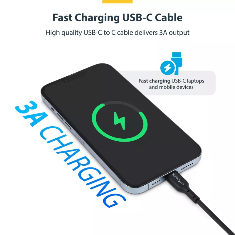 StarTech.com 3m (9.8ft) USB-C oplaadkabel, USB C kabel, USB 2.0 Type-C laptop-oplaadkabel, 60W 3A Power Delivery, TPE-mantel, USB-C datatransmissiekabel, M/M