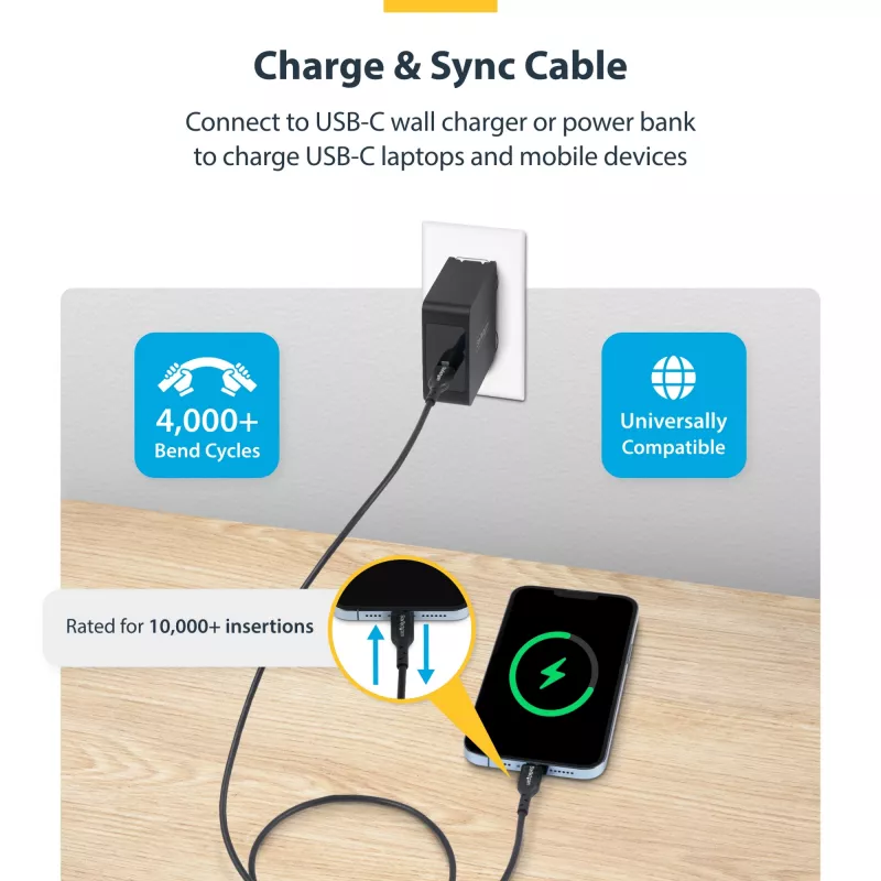 StarTech.com 3m (9.8ft) USB-C oplaadkabel, USB C kabel, USB 2.0 Type-C laptop-oplaadkabel, 60W 3A Power Delivery, TPE-mantel, USB-C datatransmissiekabel, M/M