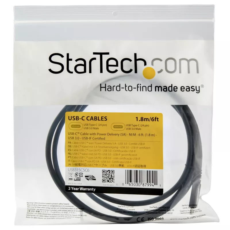StarTech.com 1,8 m USB-C-naar-USB-C-kabel – 5 A, 100 W PD 3.0 – Gecertificeerd voor Chromebook – USB-IF-gecertificeerd – M/M – USB 3.0 5 Gbit/s – USB-C-oplaadkabel – USB Type-C-kabel