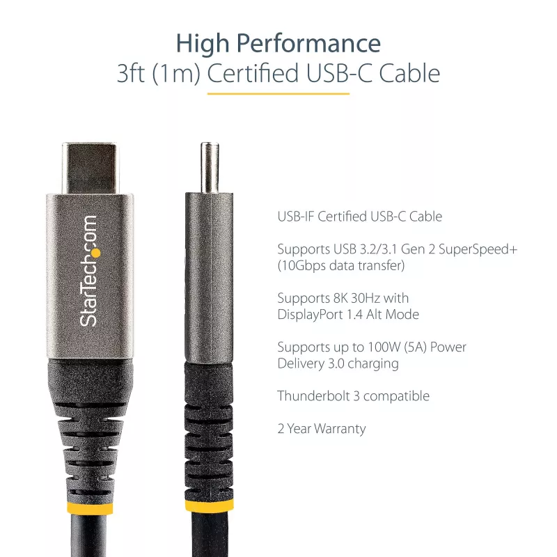 StarTech.com 3ft (1m) USB-C-kabel 10 Gbit/s – USB-IF-gecertificeerde USB-C-kabel – USB 3.1 Type-C-kabel – 100W (5A) Power Delivery laden, DP Alt Mode – USB-C-naar-C-kabel – Laden & synchroniseren