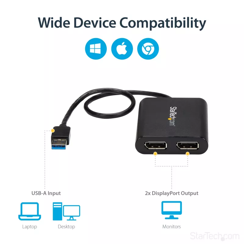 StarTech.com USB 3.0 naar dual DisplayPort adapter – 4K 60Hz, 3.2 Gen 1 (3.1 Gen 1), USB Type-A, DisplayPort-uitgang, 4096 x 2160 pixels