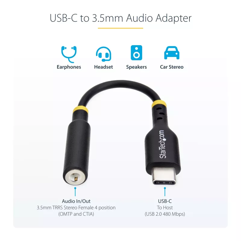 StarTech.com USBCAUDIO2 USB-C naar 3,5 mm TRRS audio-adapter voor hoofdtelefoon/headset, 32-bits DAC, Thunderbolt-compatibel, 12,7 cm, zwart