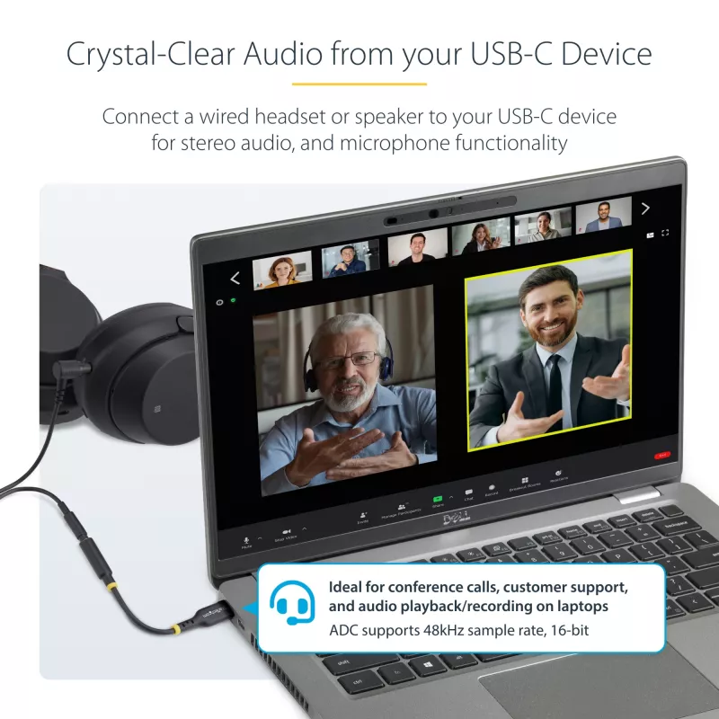 StarTech.com USBCAUDIO2 USB-C naar 3,5 mm TRRS audio-adapter voor hoofdtelefoon/headset, 32-bits DAC, Thunderbolt-compatibel, 12,7 cm, zwart