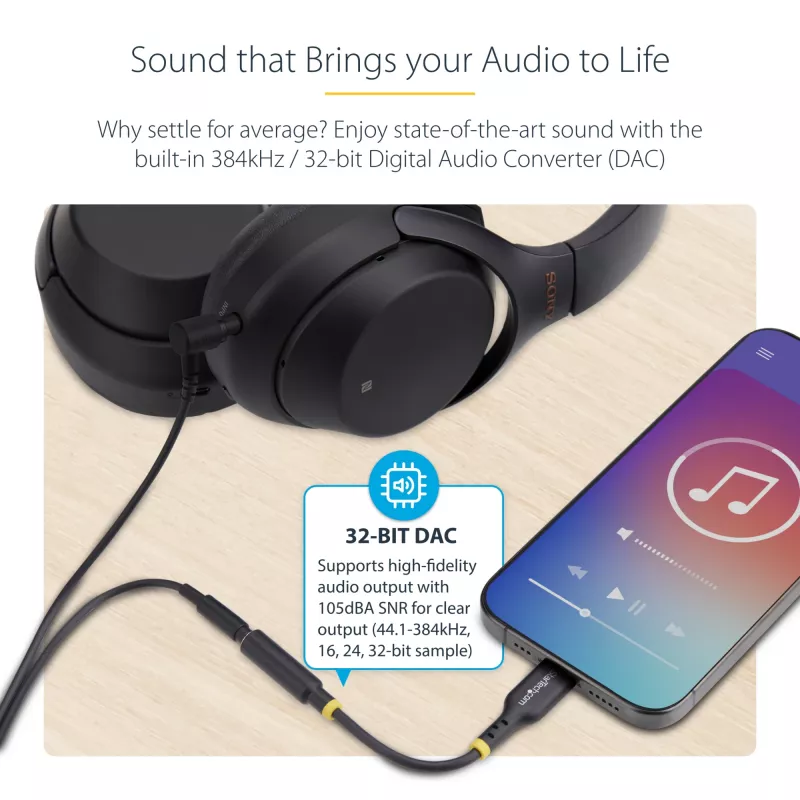 StarTech.com USBCAUDIO2 USB-C naar 3,5 mm TRRS audio-adapter voor hoofdtelefoon/headset, 32-bits DAC, Thunderbolt-compatibel, 12,7 cm, zwart