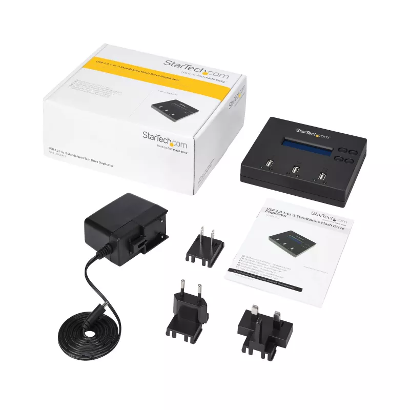 StarTech.com standalone 1-naar-2 USB-stick-duplicator en -wisser, multi-USB-flashdrive-kopieerder, systeem- en bestands- en volledige schijfkopie met 1,5 GB/min, enkelvoudige en 3-pass-verwijdering, LCD-display – TAA
