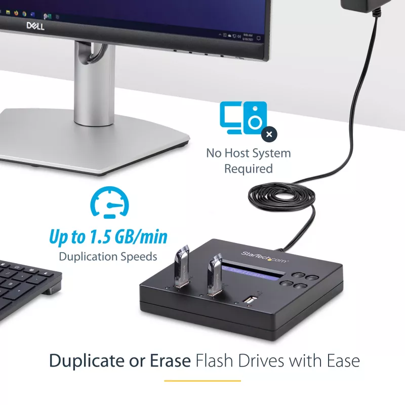 StarTech.com standalone 1-naar-2 USB-stick-duplicator en -wisser, multi-USB-flashdrive-kopieerder, systeem- en bestands- en volledige schijfkopie met 1,5 GB/min, enkelvoudige en 3-pass-verwijdering, LCD-display – TAA