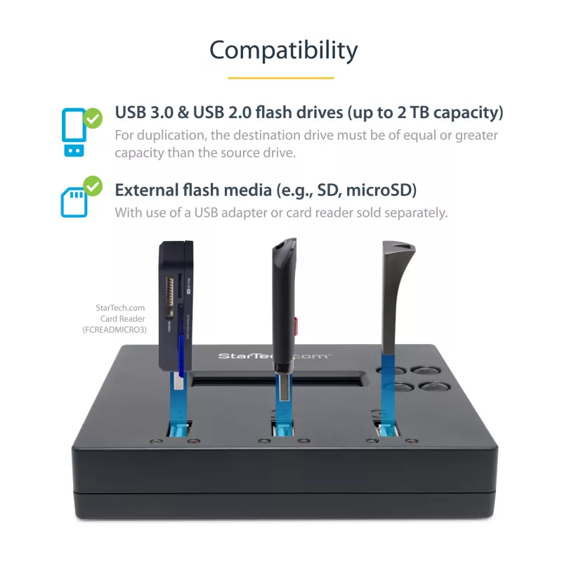 StarTech.com standalone 1-naar-2 USB-stick-duplicator en -wisser, multi-USB-flashdrive-kopieerder, systeem- en bestands- en volledige schijfkopie met 1,5 GB/min, enkelvoudige en 3-pass-verwijdering, LCD-display – TAA