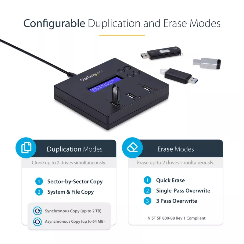 StarTech.com standalone 1-naar-2 USB-stick-duplicator en -wisser, multi-USB-flashdrive-kopieerder, systeem- en bestands- en volledige schijfkopie met 1,5 GB/min, enkelvoudige en 3-pass-verwijdering, LCD-display – TAA