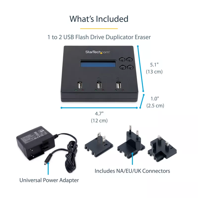 StarTech.com standalone 1-naar-2 USB-stick-duplicator en -wisser, multi-USB-flashdrive-kopieerder, systeem- en bestands- en volledige schijfkopie met 1,5 GB/min, enkelvoudige en 3-pass-verwijdering, LCD-display – TAA